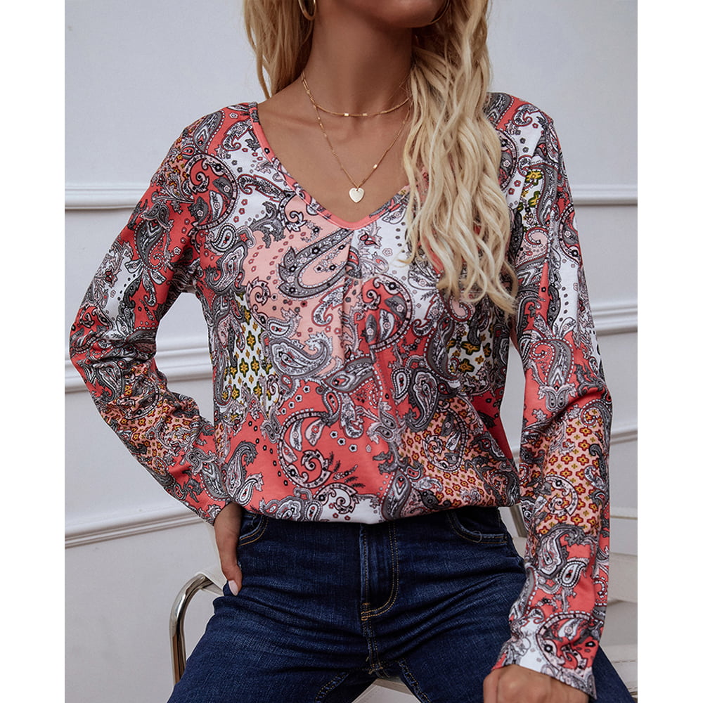 Full Size Printed V-Neck Long Sleeve Blouse