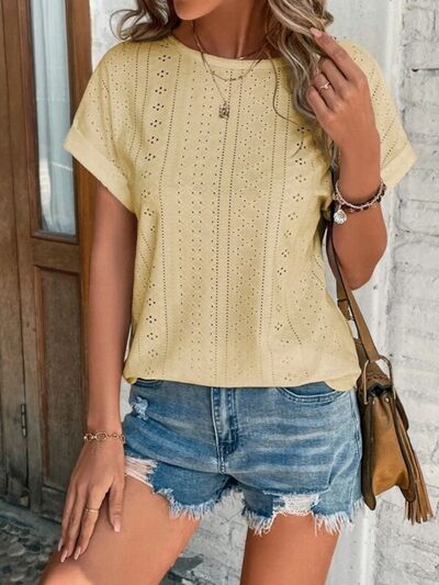 Eyelet Round Neck Short Sleeve T-Shirt