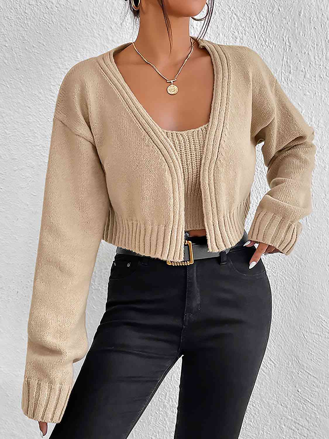 Tan Plain Sweater Cami and Cardigan Set