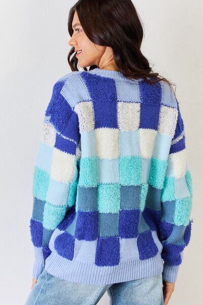 J.NNA Blue Multi Checkered Round Neck Long Sleeve Sweater