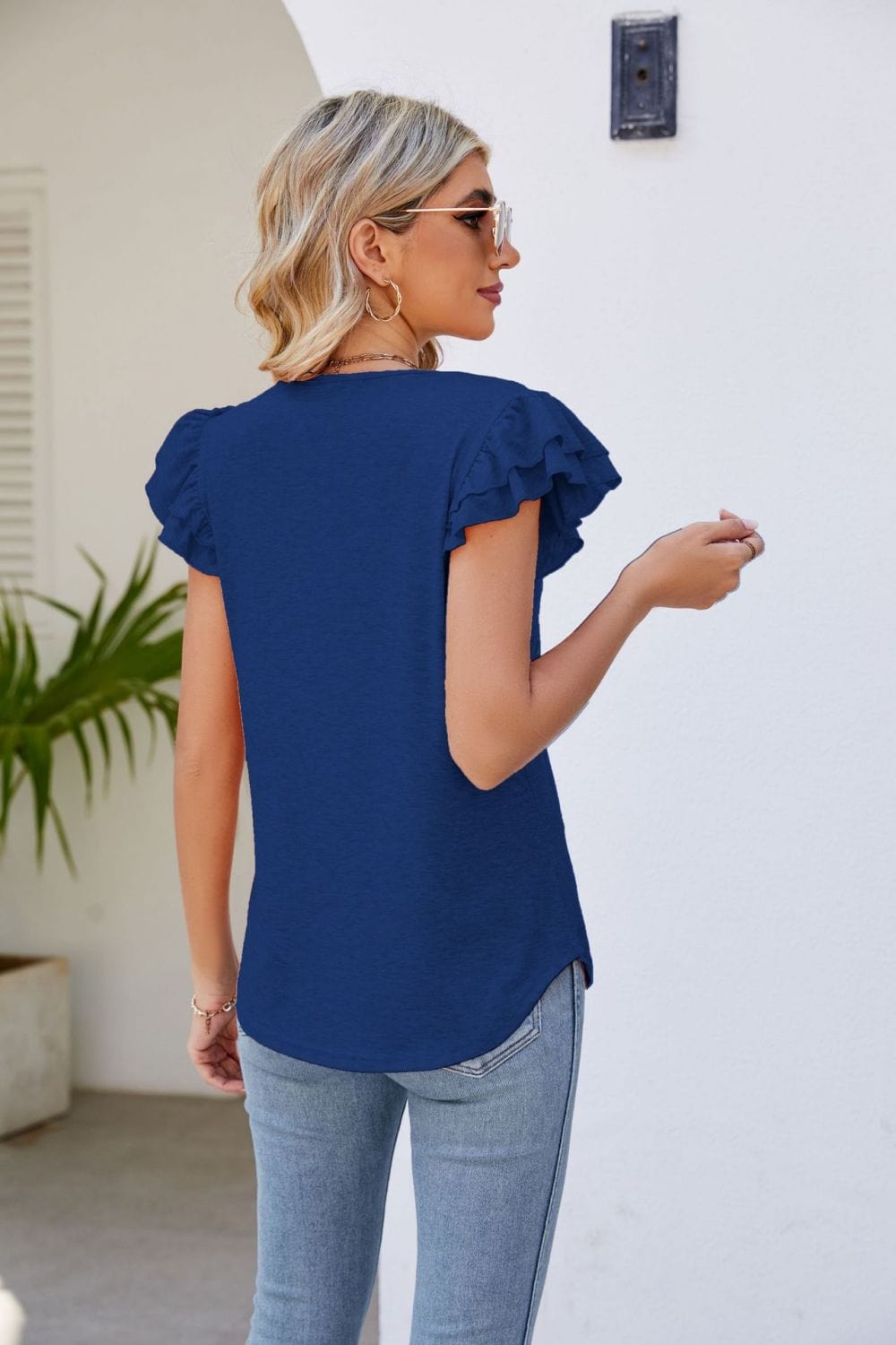 Full Size Smocked Flutter Sleeve V-Neck Top