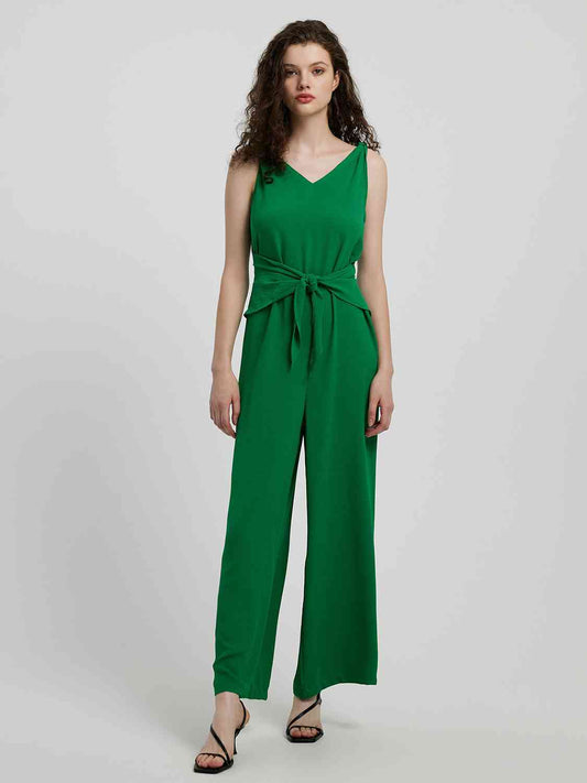 Mid Green Knot Detail Tie Front Sleeveless Jumpsuit
