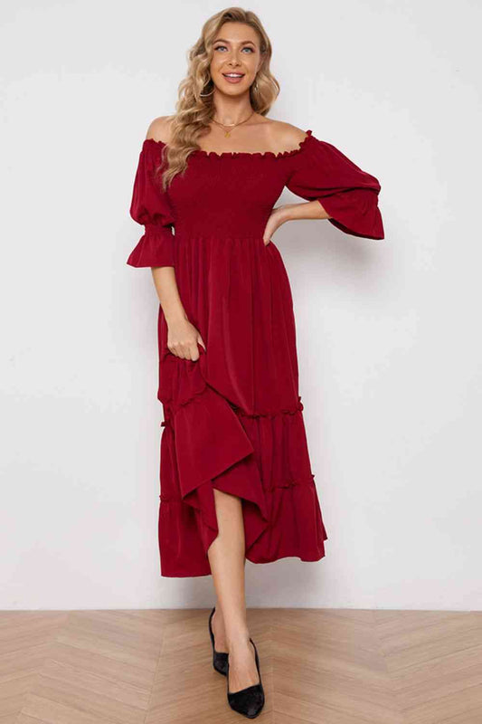 Wine Red Off-Shoulder Flounce Sleeve Frill Trim Tiered Dress