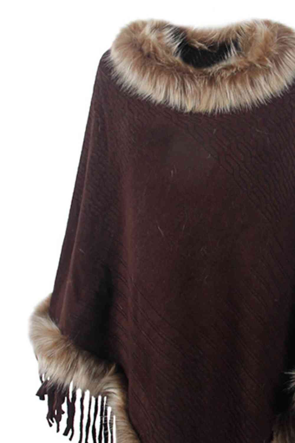 Country Rustic One Size Faux Fur Trim Fringed Poncho