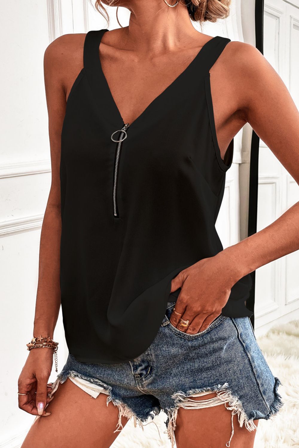 SUMMER VIBES Half-Zip Scoop Neck Tank