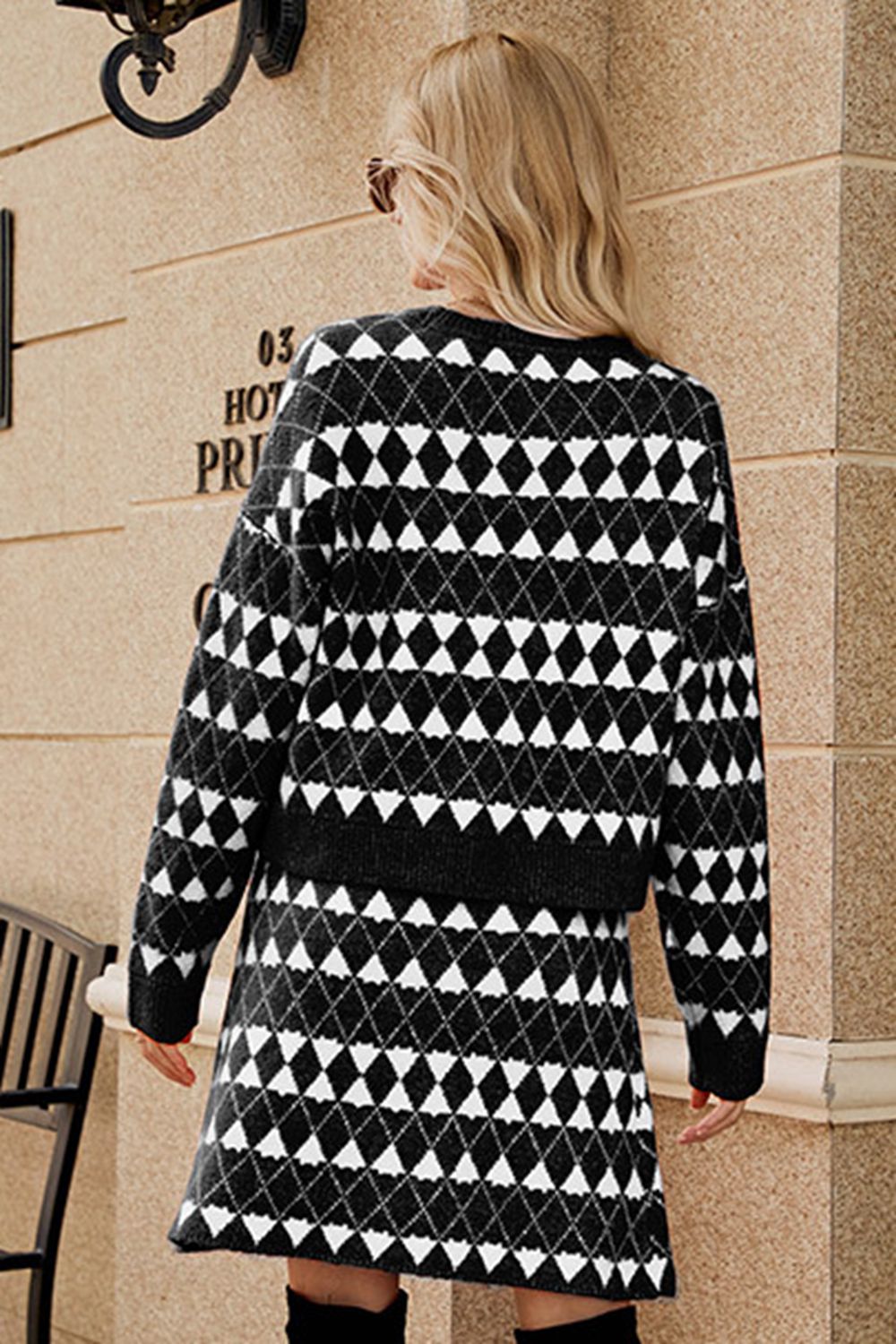 SavannahTree Geometric Dropped Shoulder Cardigan and Knit Skirt Set