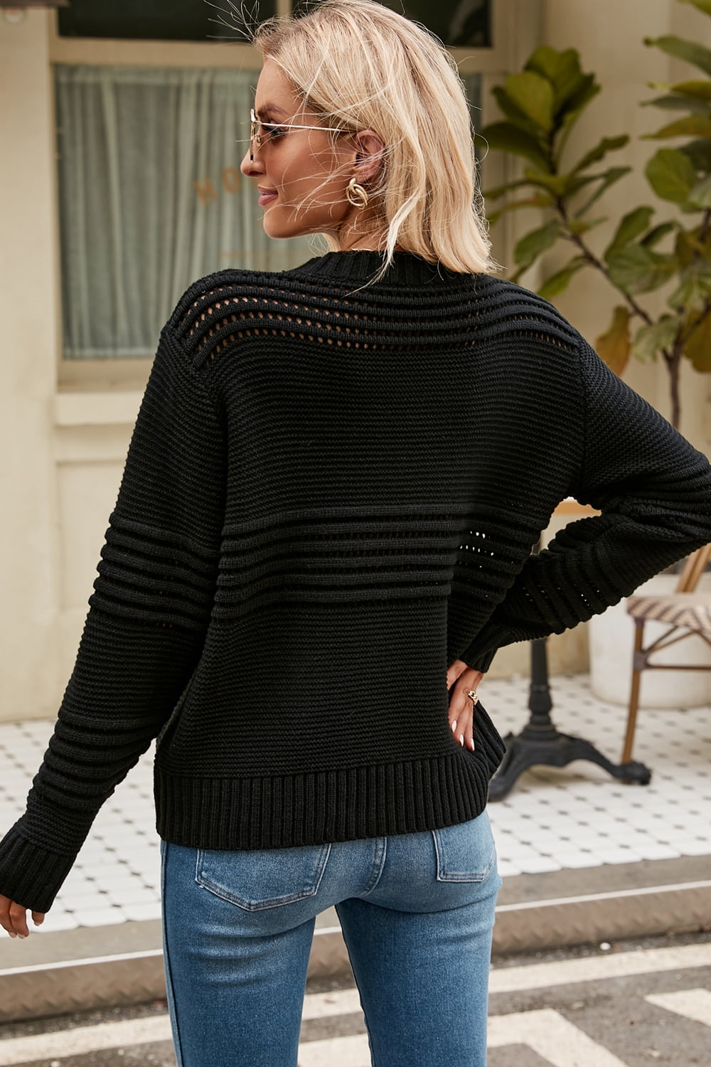 Malibu Dreams Round Neck Openwork Long Sleeve Pullover Sweater