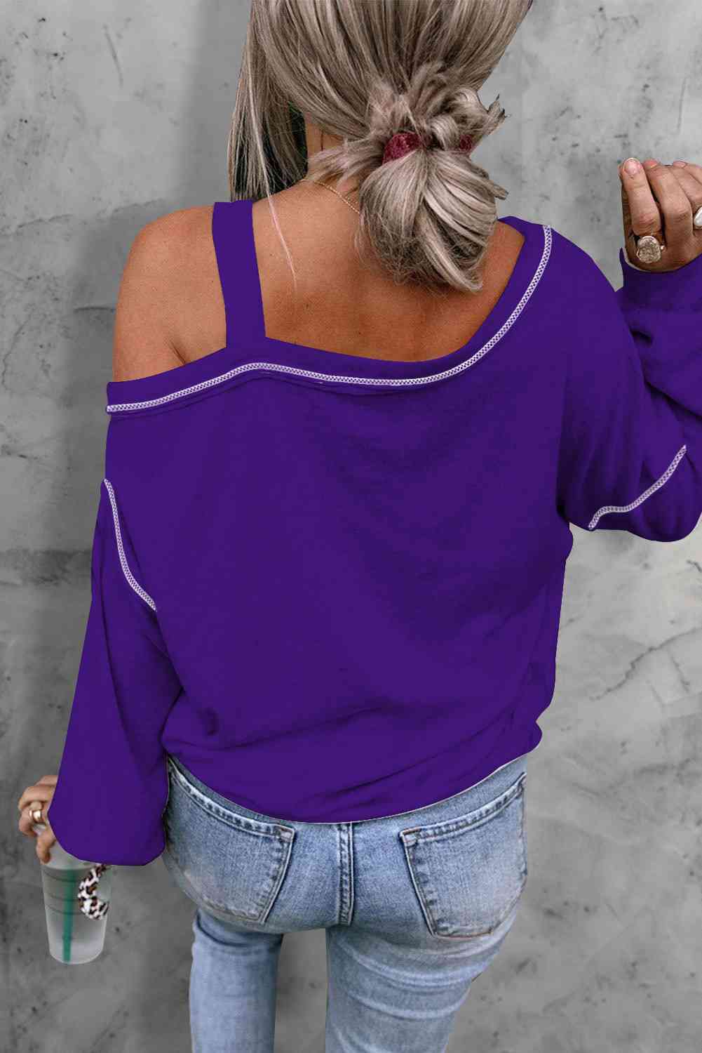 Tiger Graphic Long Sleeve Asymmetrical Neck Violet Top