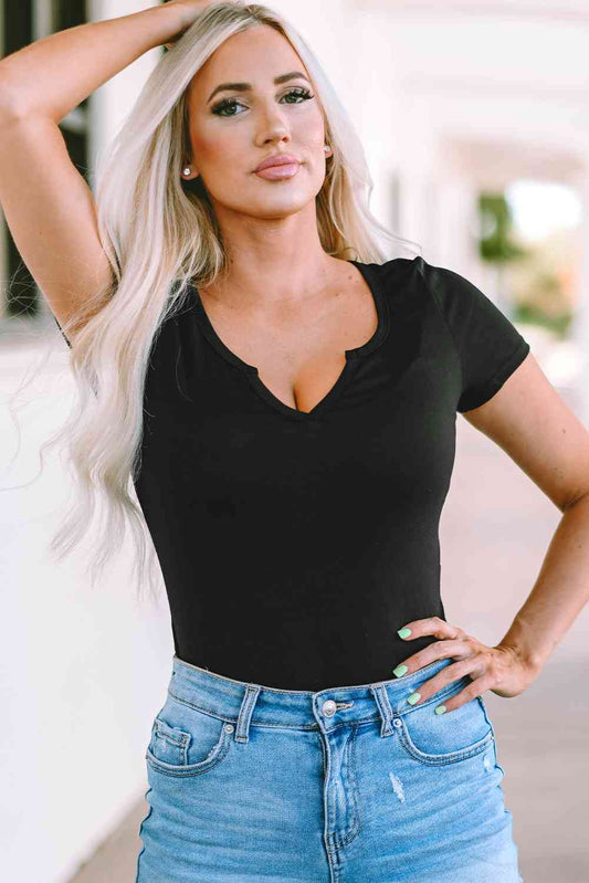 Notched Short Sleeve Black Bodysuit