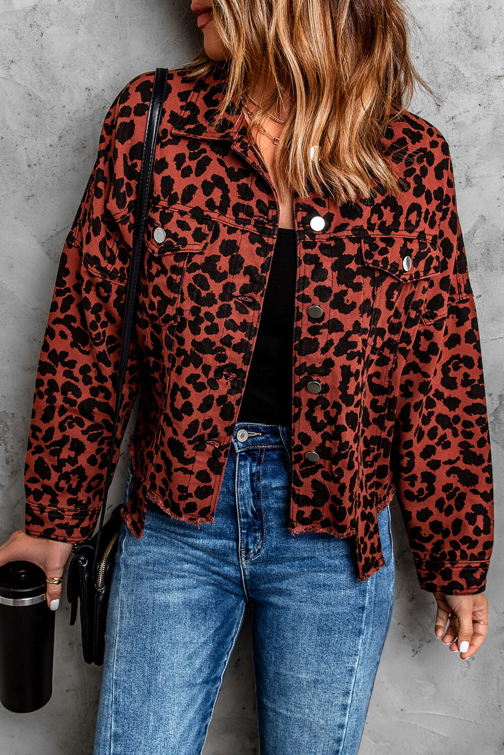 Full Size Leopard Print Raw Hem Jacket