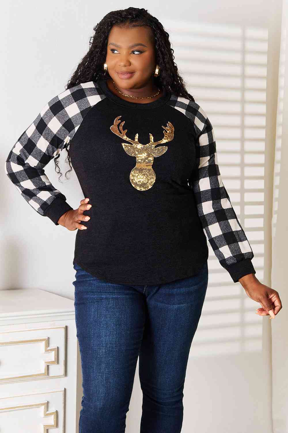 Heimish Full Size Sequin Christmas Reindeer Graphic Plaid Top