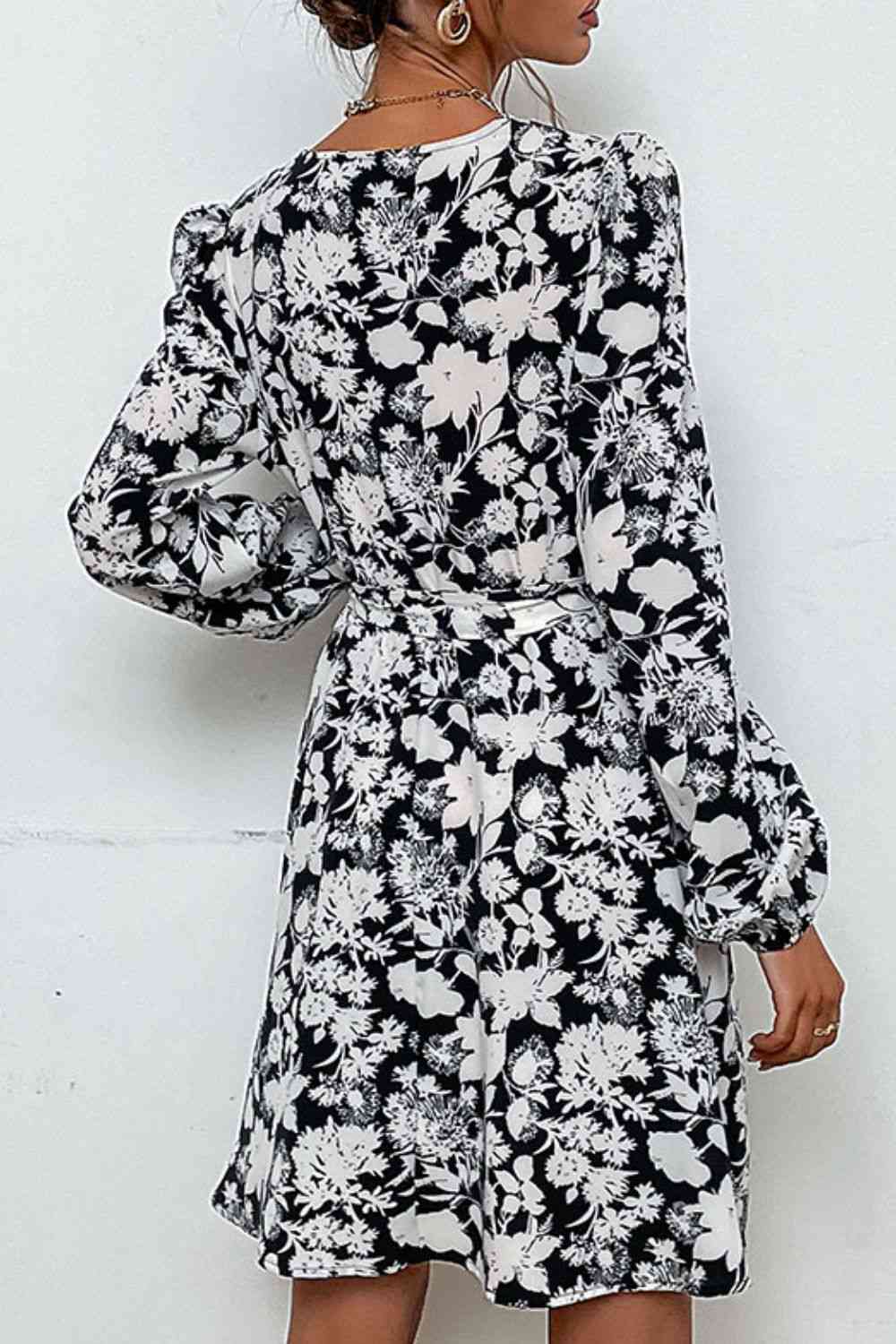 Floral Belted V-Neck Puff Sleeve Mini Dress