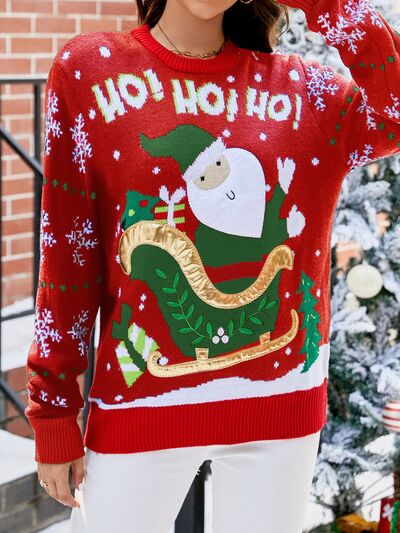 HO HO HO Santa Christmas Themed Round Neck Long Sleeve Sweater