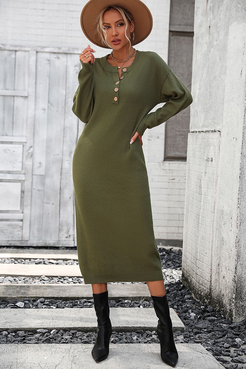 IdeationJovial Notched Neck Dropped Shoulder Button-Down Midi Dress