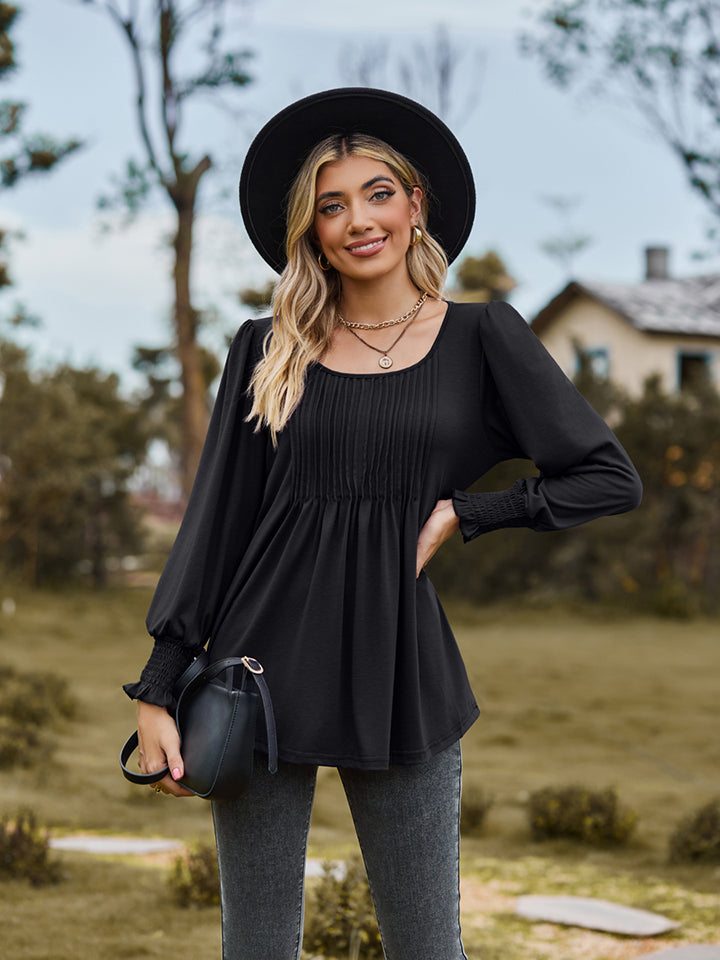 Full Size Puff Sleeve Pleated Blouse