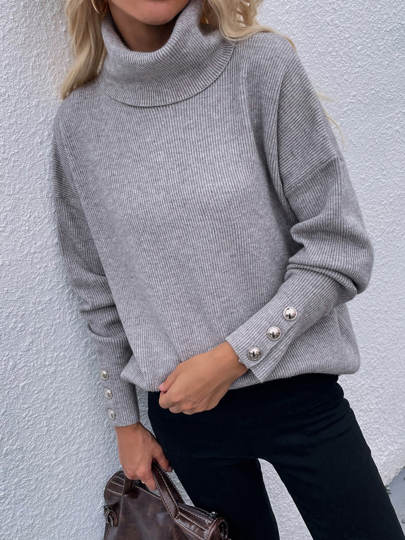Women's Button Detail Rib-Knit Turtleneck Sweater