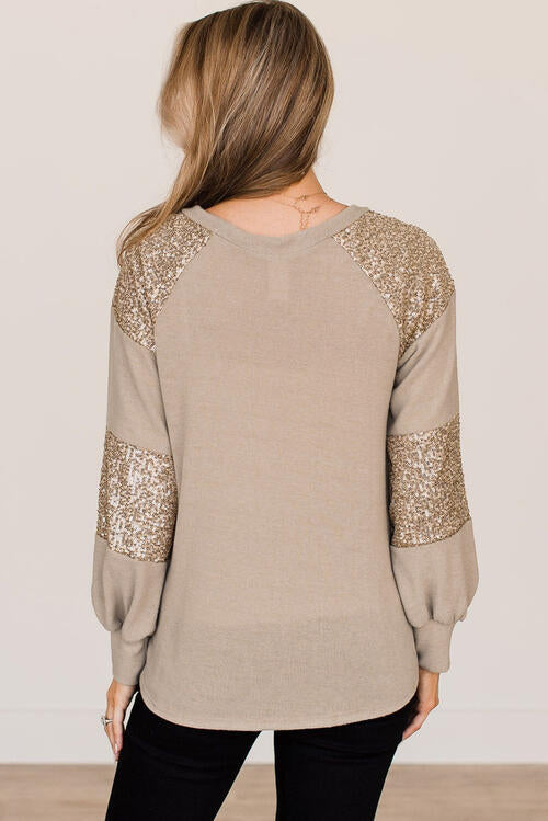 Sequin Round Neck Dust Storm Brown Long Sleeve T-Shirt