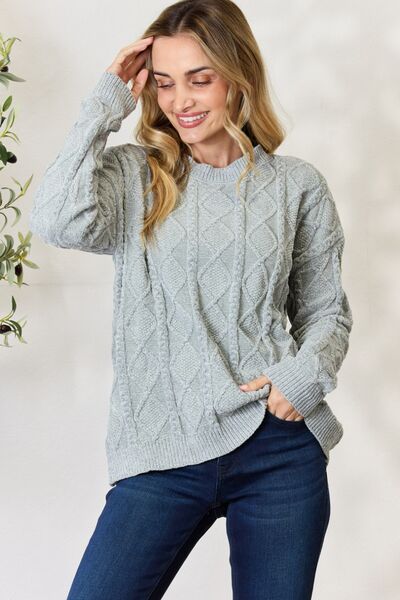 BiBi Cable Knit Round Neck Dust Sage Green Sweater