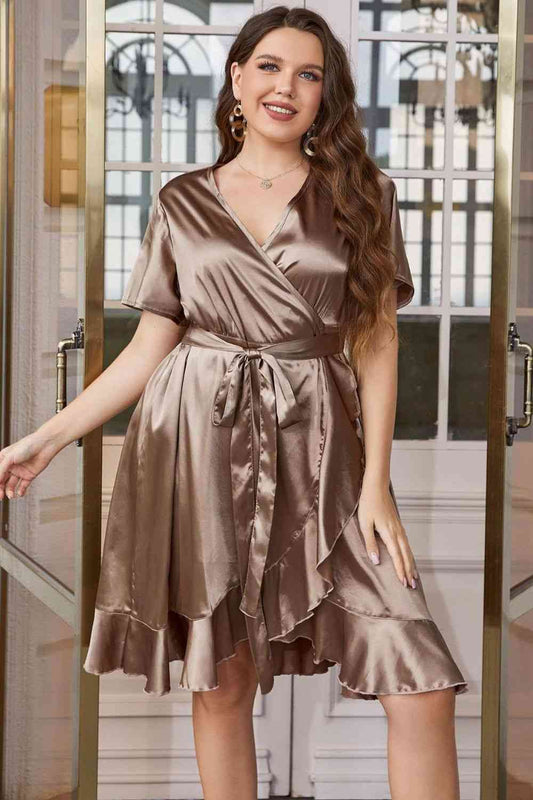 Plus Size Women's Light Brown Belted Ruffled Surplice Dress