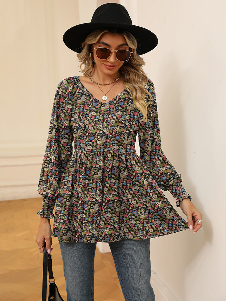 Full Size Printed V-Neck Lantern Sleeve Blouse