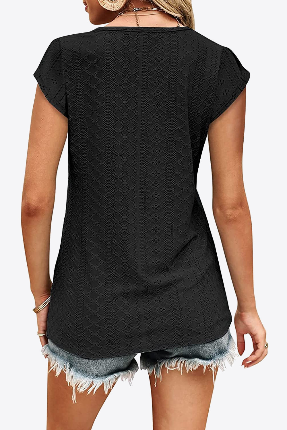 Full Size Eyelet Contrast V-Neck Tee