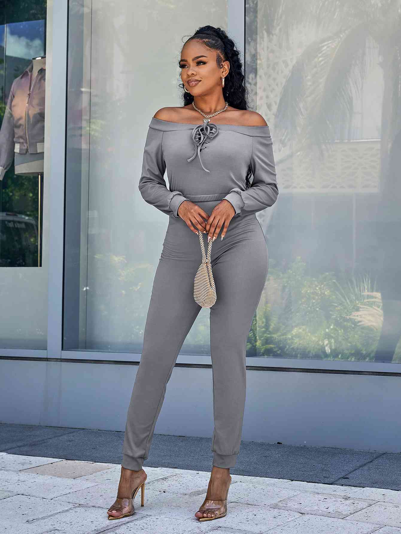 KenyaBay Lace-Up Off-Shoulder Long Sleeve Jumpsuit