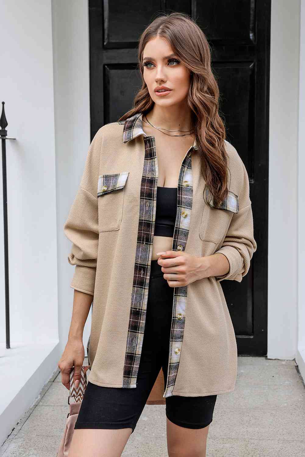 Full Size Plaid Button Down Collared Jacket
