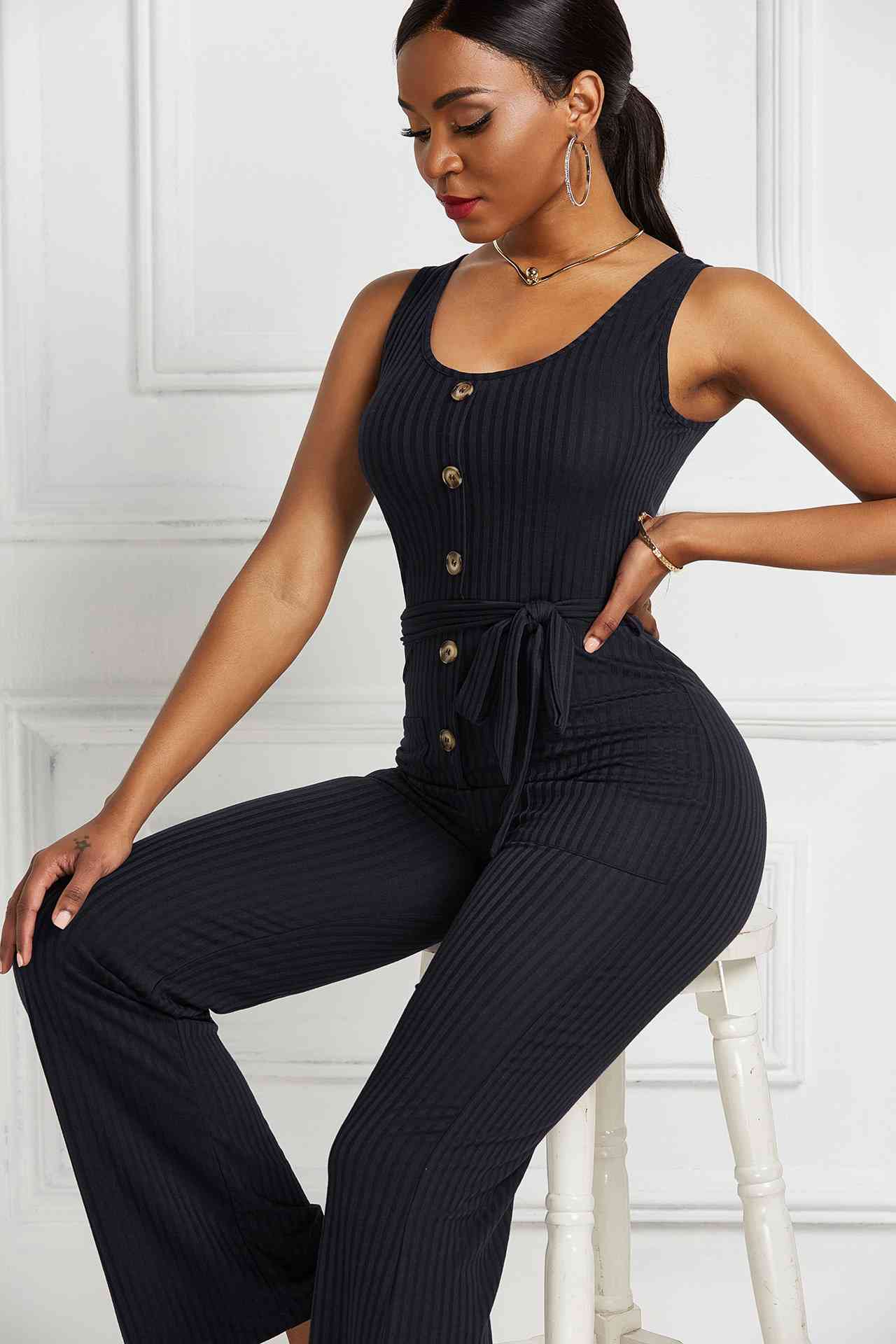 NatureJumpers Button Detail Tie Waist Jumpsuit with Pockets