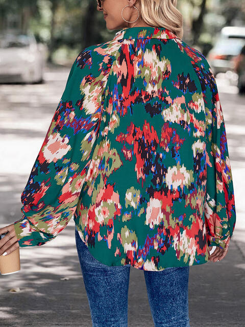 Green Printed Johnny Collar Long Sleeve Blouse