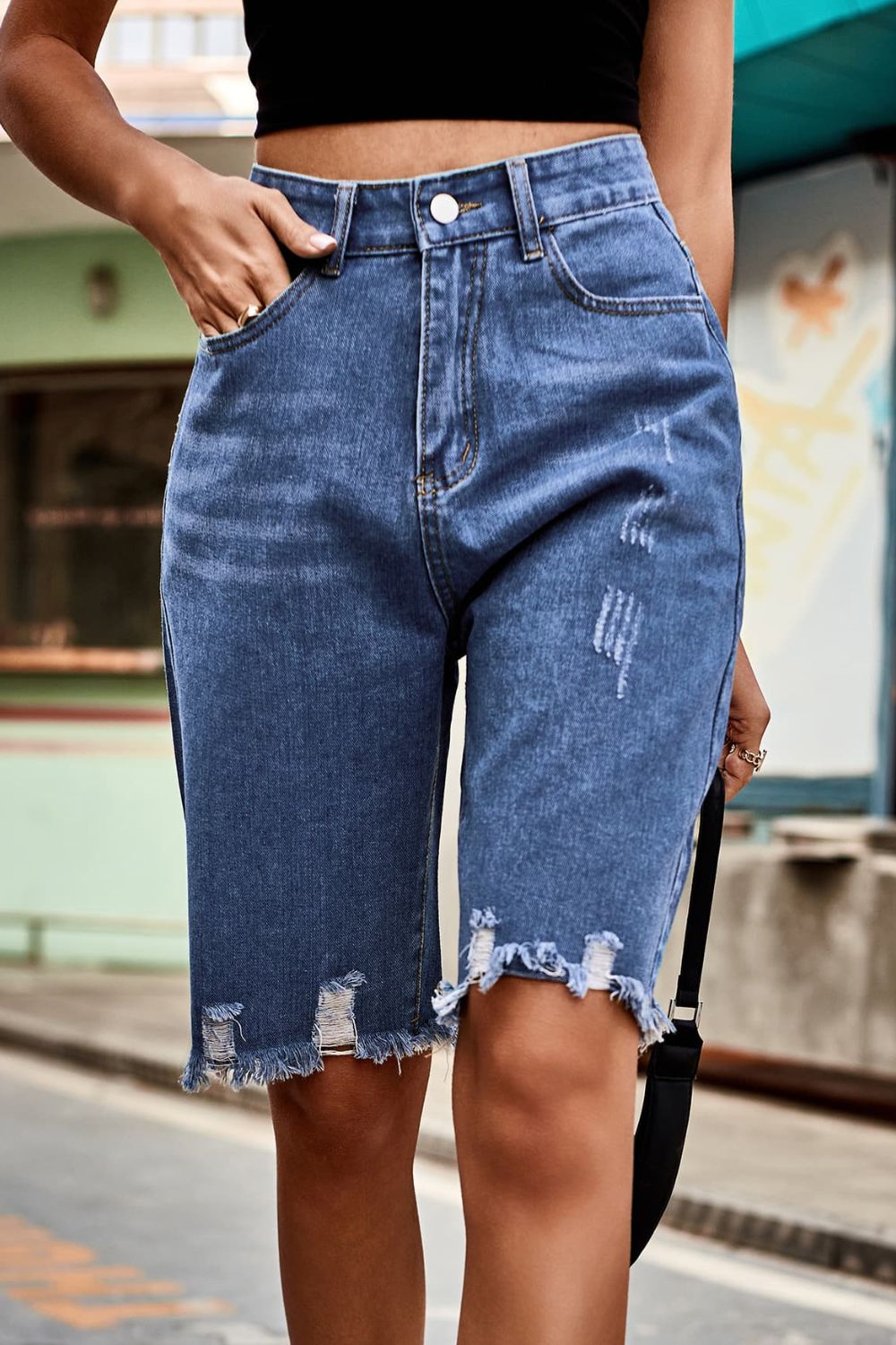 Women's Full Size Raw Calista Hem High Waist Denim Shorts with Pockets