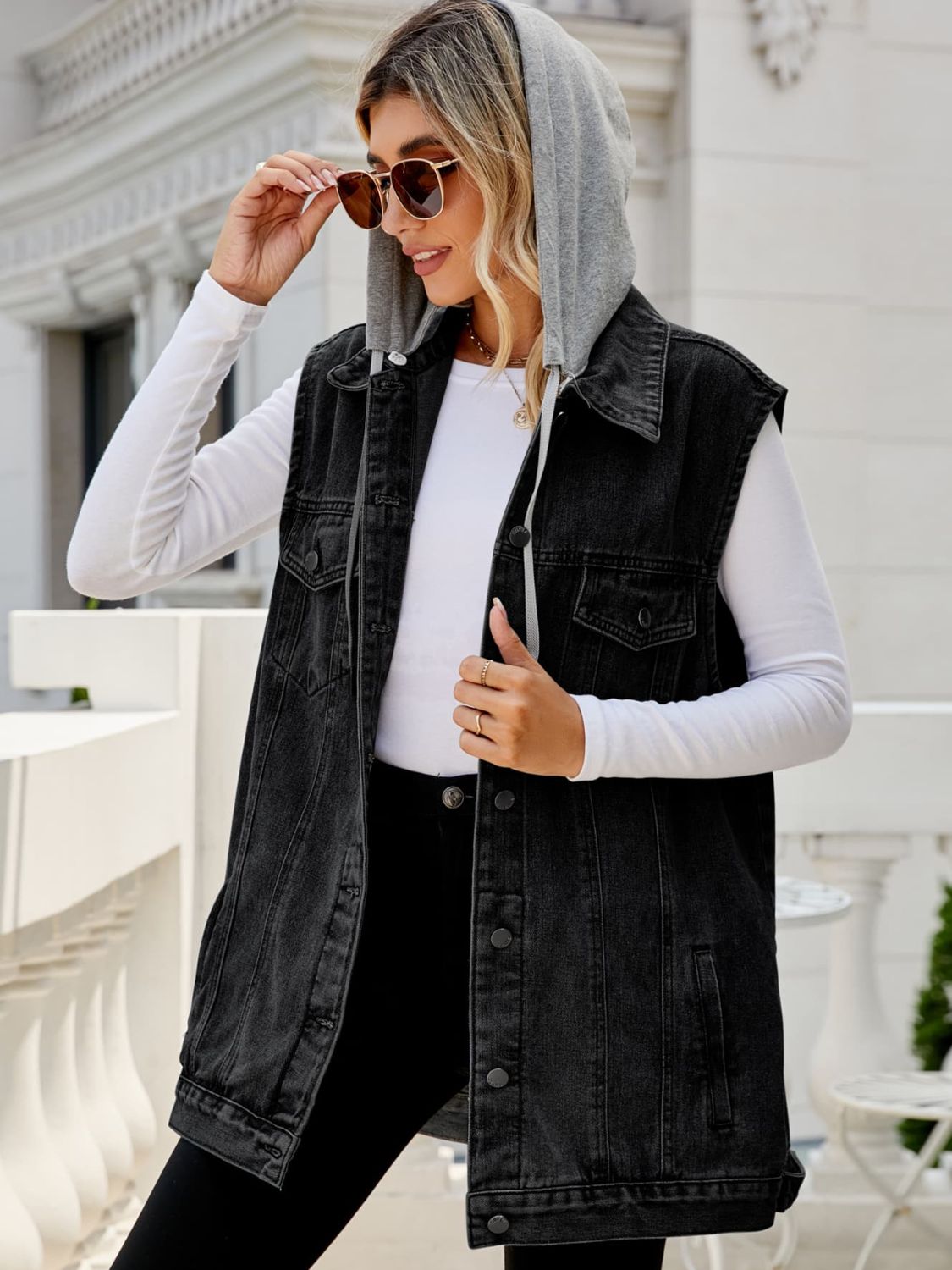 Women's Drawstring Hooded Sleeveless Denim Top with Pockets