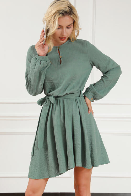 Tie Front Long Sleeve Gum Leaf Green Mini Dress