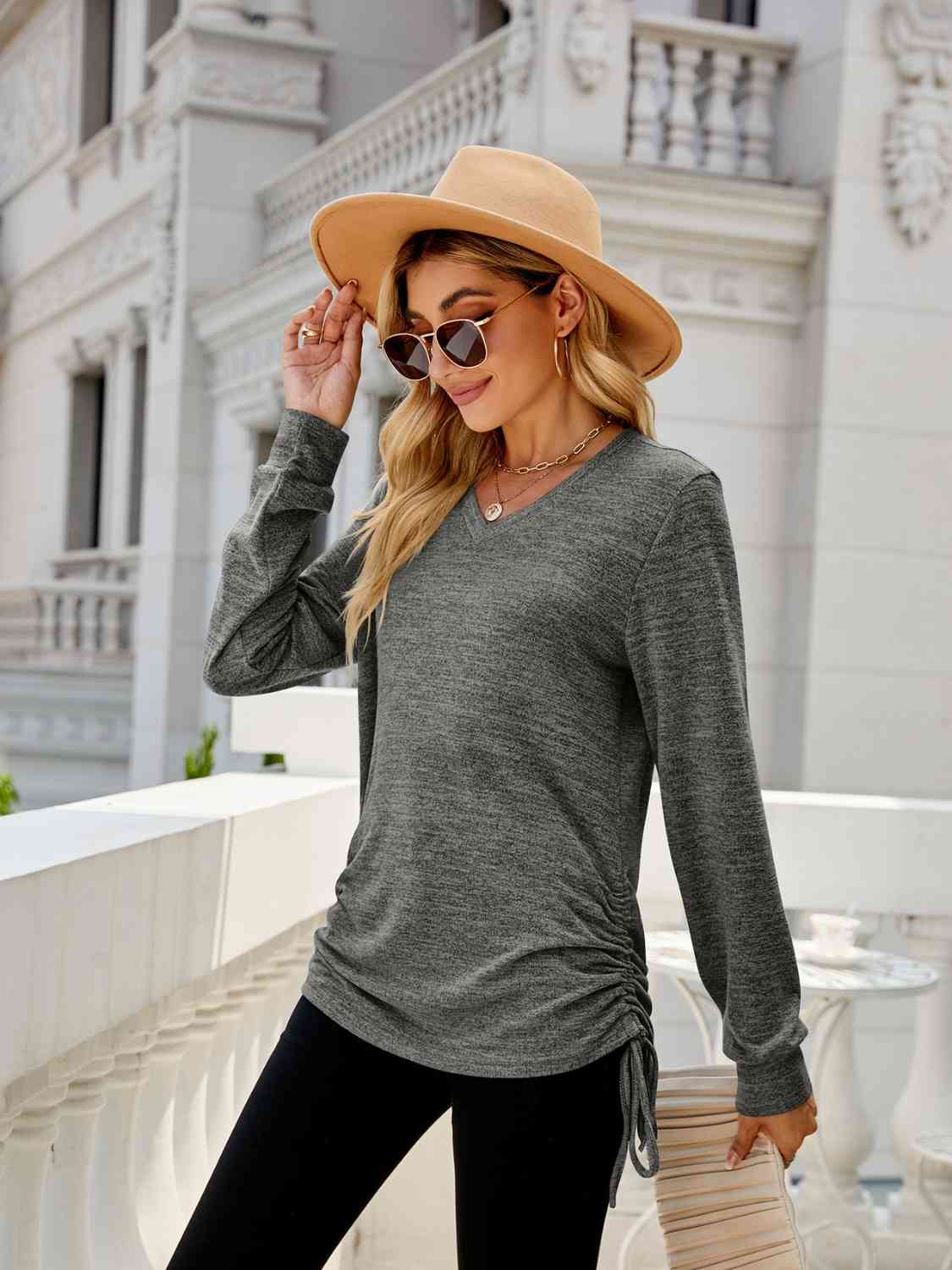 Full Size Drawstring V-Neck Long Sleeve T-Shirt