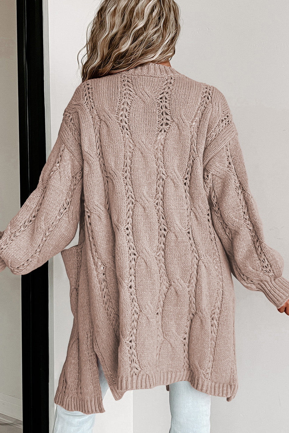 Full Size Cable-Knit Dropped Shoulder Cardigan