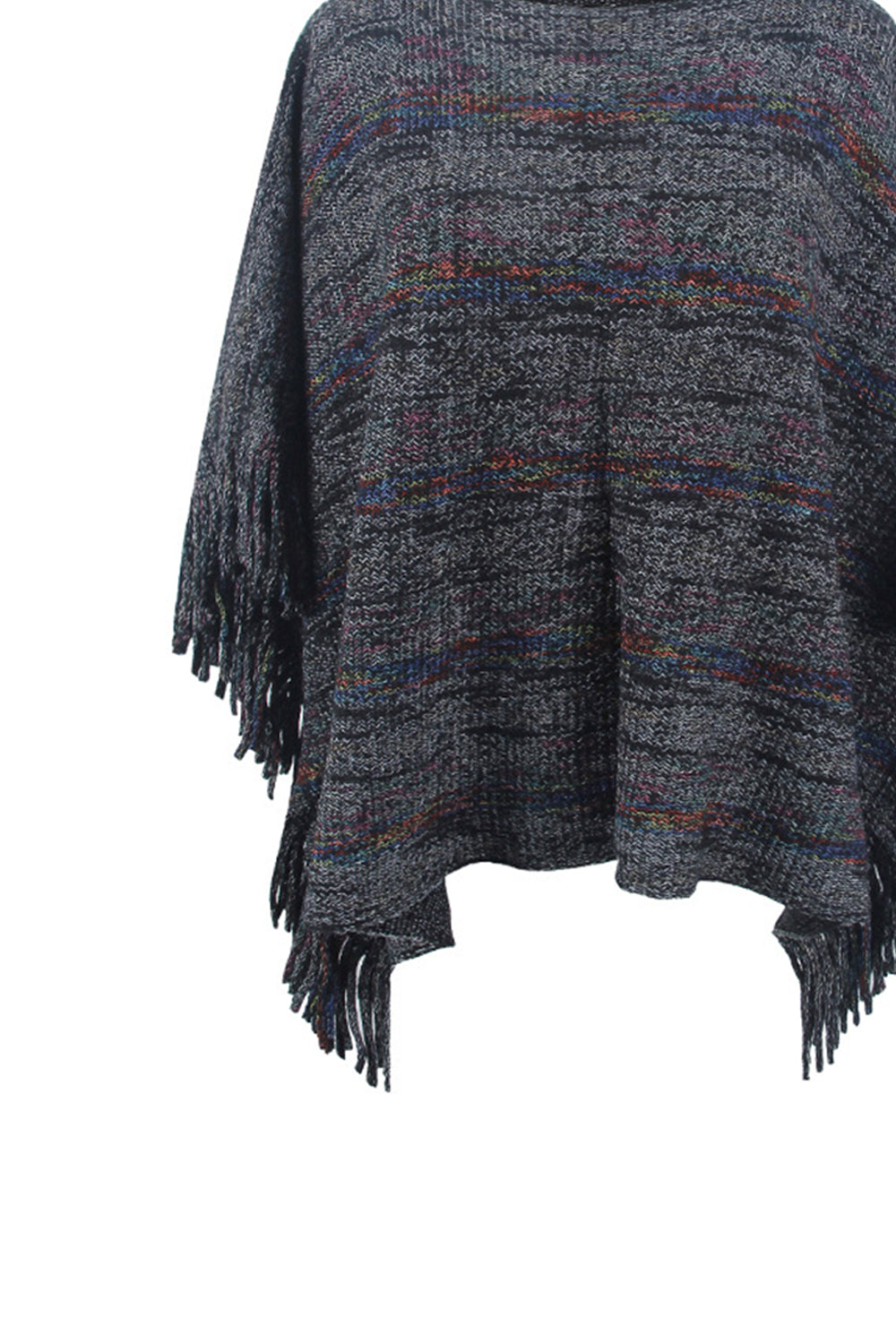 One Size Round Neck Fringe Detail Sleeve Poncho