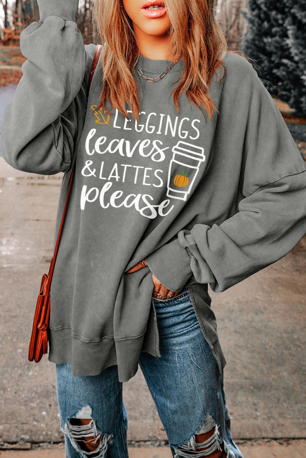 FALL Halloween Round Neck Dropped Shoulder LEGGINGS LEAVES LATTES PLEASE Graphic Sweatshirt