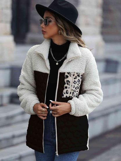 Shawna Leopard Color Block Zip-Up Jacket