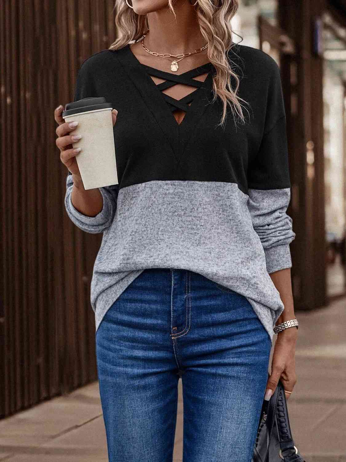 Full Size Two-Tone Crisscross Detail Sweatshirt