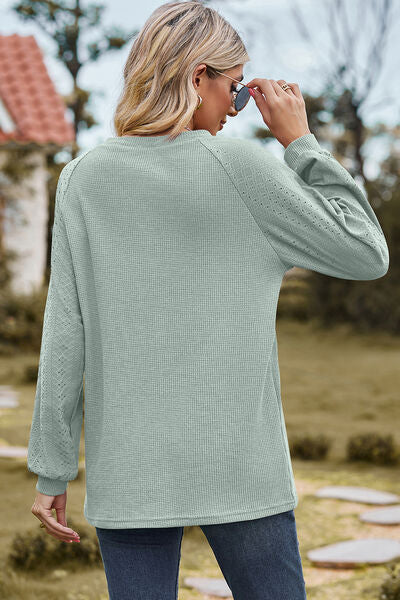 Eyelet Round Neck Long Sleeve T-Shirt