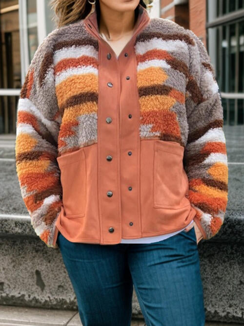 Tangerine Orange Plus Size Color Block Snap Down Jacket