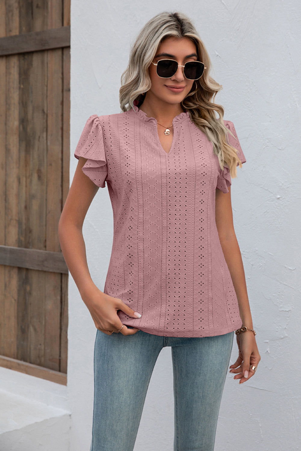 Full Size Eyelet Notched Neck Flutter Sleeve Top