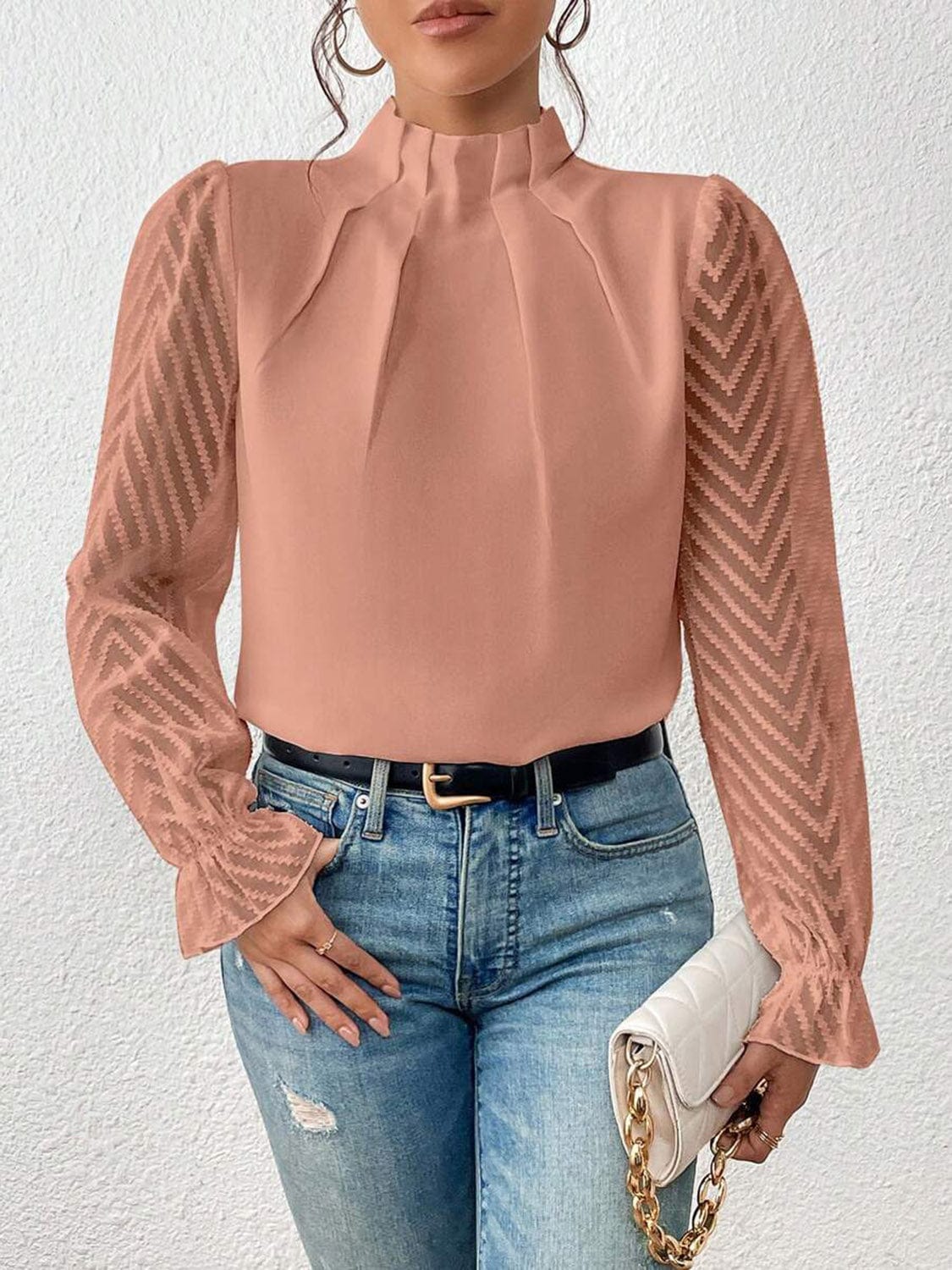 Full Size Mock Neck Flounce Sleeve Blouse