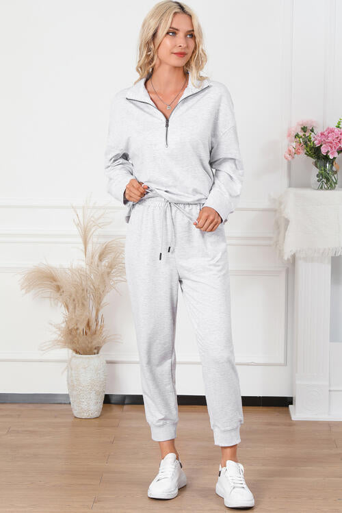 Half Zip Light Gray Sweatshirt and Drawstring Sweatpants Set