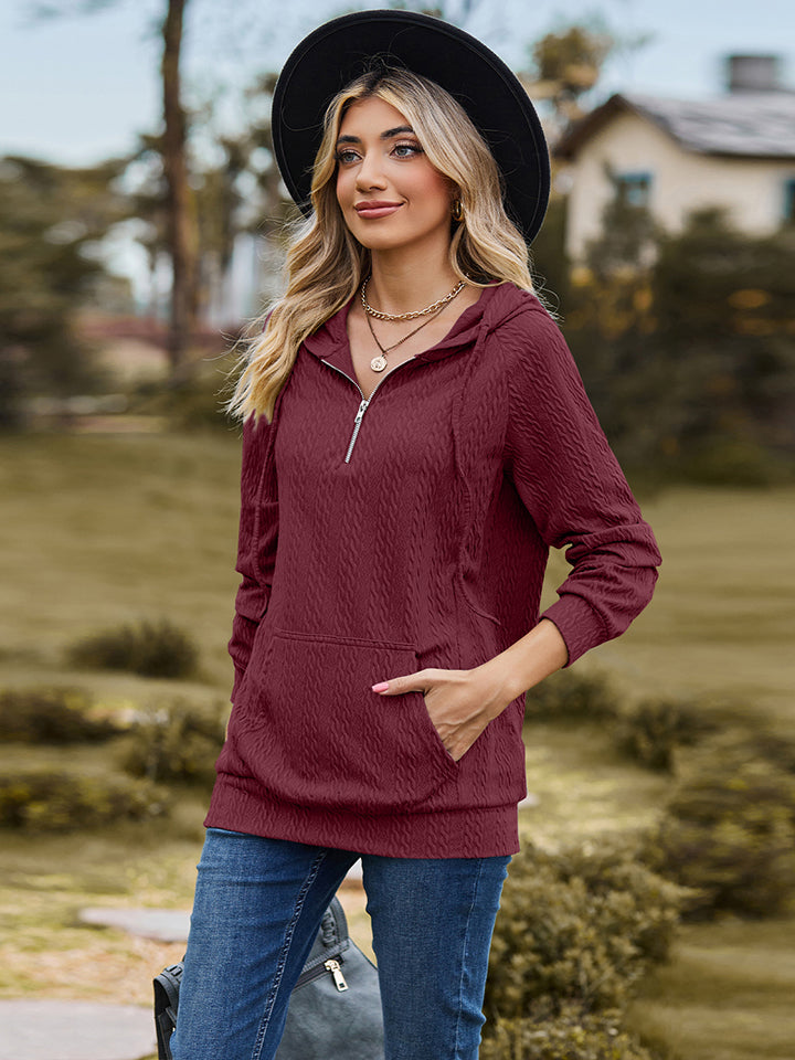 Full Size Cable-Knit Zip-Up Hooded Blouse