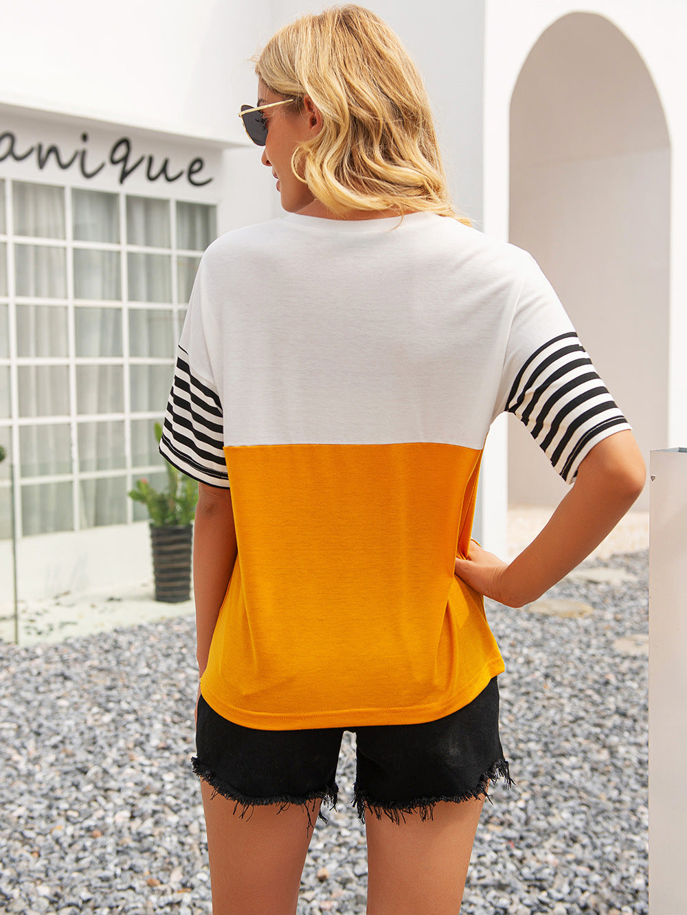 Women's Striped Color Block Round Neck Tee