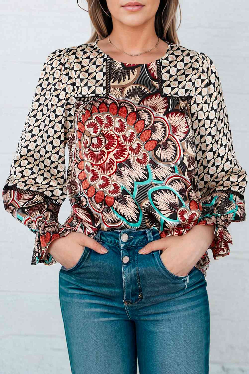 Full Size Printed Flounce Sleeve Blouse