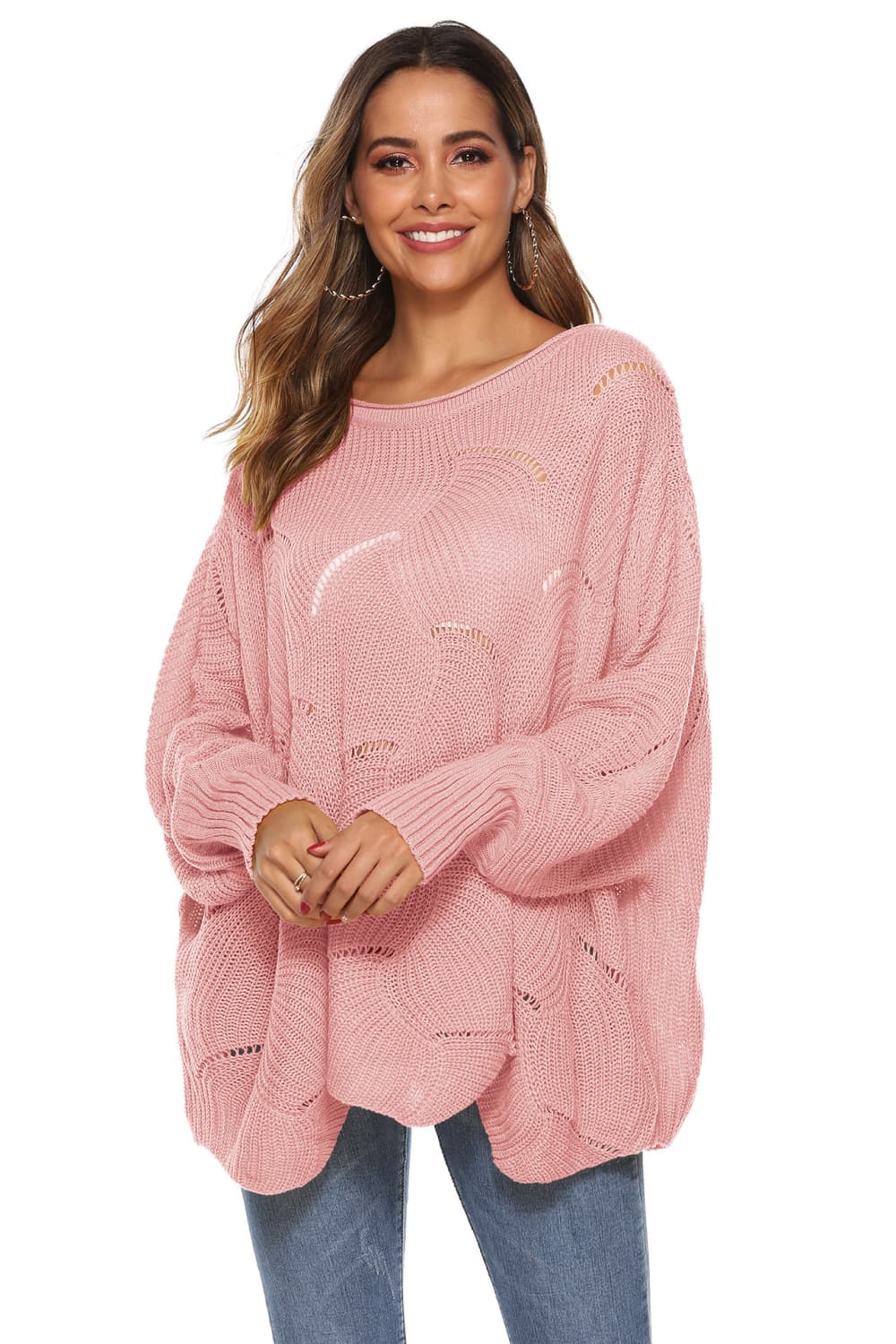 Full Size Round Neck Long Sleeve Openwork Sweater