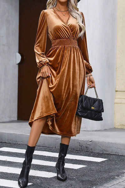 Surplice Balloon Sleeve Smocked Caramel Brown Midi Dress