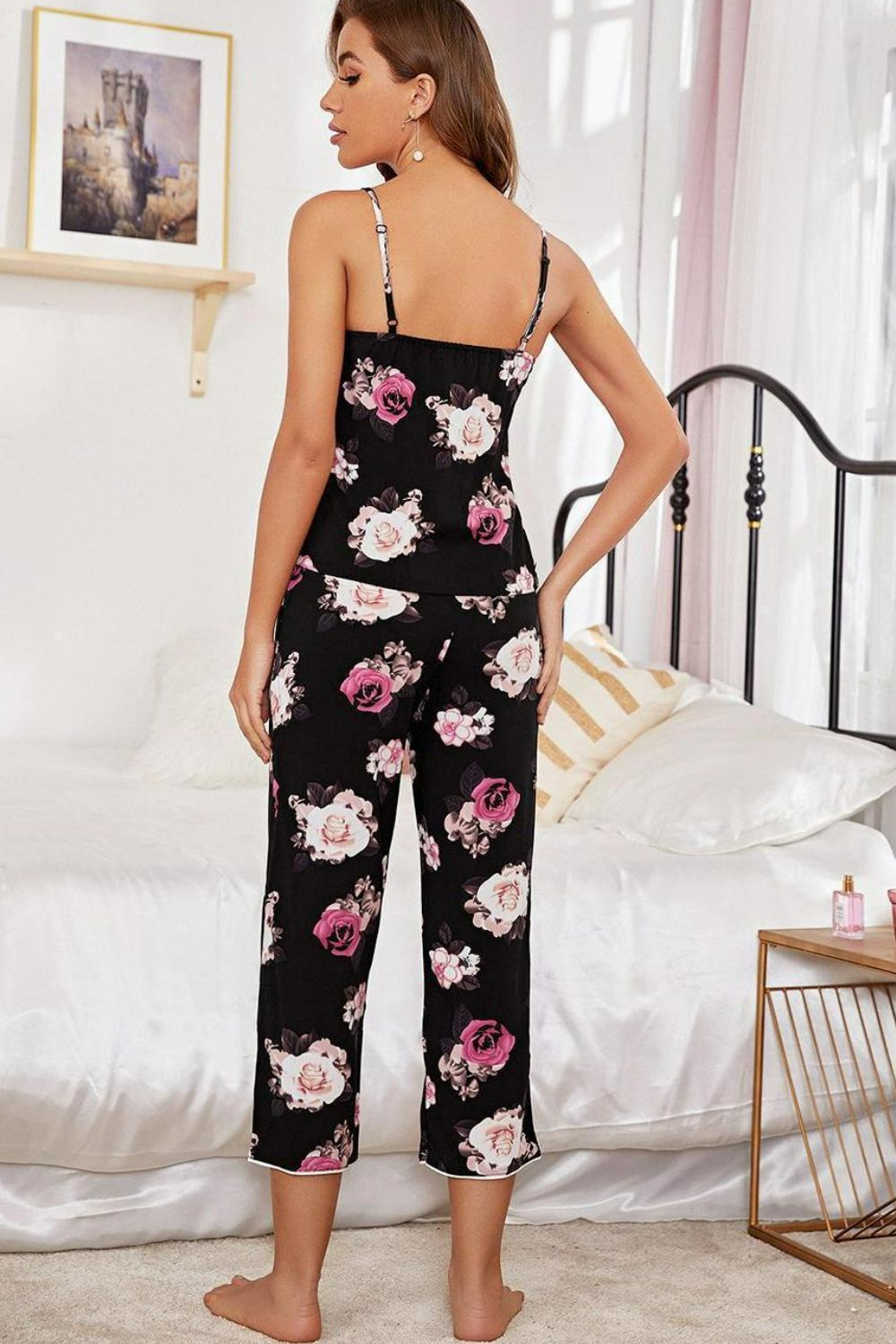 Women's Floral V-Neck Cami and Cropped Pants Lounge Set