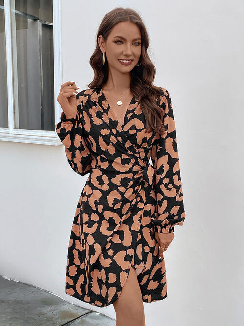 OhSoMini Caramel Brown Printed Surplice Long Sleeve Dress